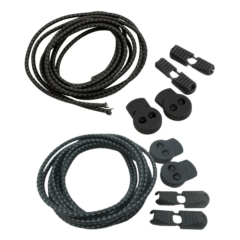 4 Pairs of Stretch Elastic Reflective Laces Without Locking System for Running Hiking 110cm Black& Dark Gray
