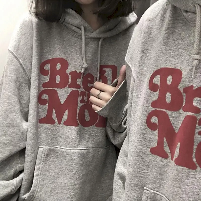 

Sweatshirt autumn and winter ins new plus velvet thick hooded sweater shirt retro letters men and women couples loose casual top
