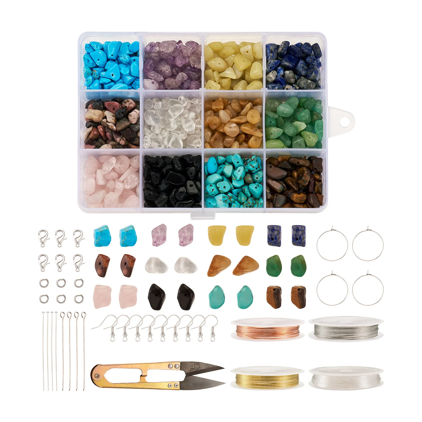 

1 Set Earrings DIY Jewelry Making Kit Natural Synthetic Gemstone Chip Bead with Earring Hook Elastic Crystal Cord Wire Scissors