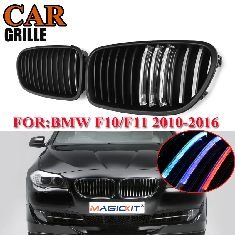 Best MagicKit 1 Pair Grills Black Tri Colour LED Light Front Bumper Kidney Grill For BMW F18 F10 F11 5 Series Sedan 2010 2016