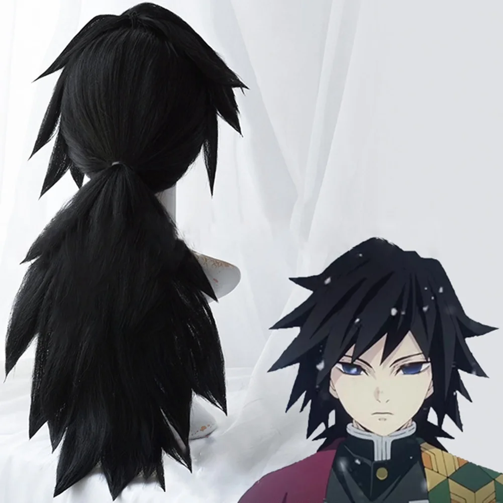 Demon Slayer Kimetsu no Yaiba Tomioka Giyuu черный парик конский хвост косплей костюм термостойкие синтетические волосы мужские и женские парики