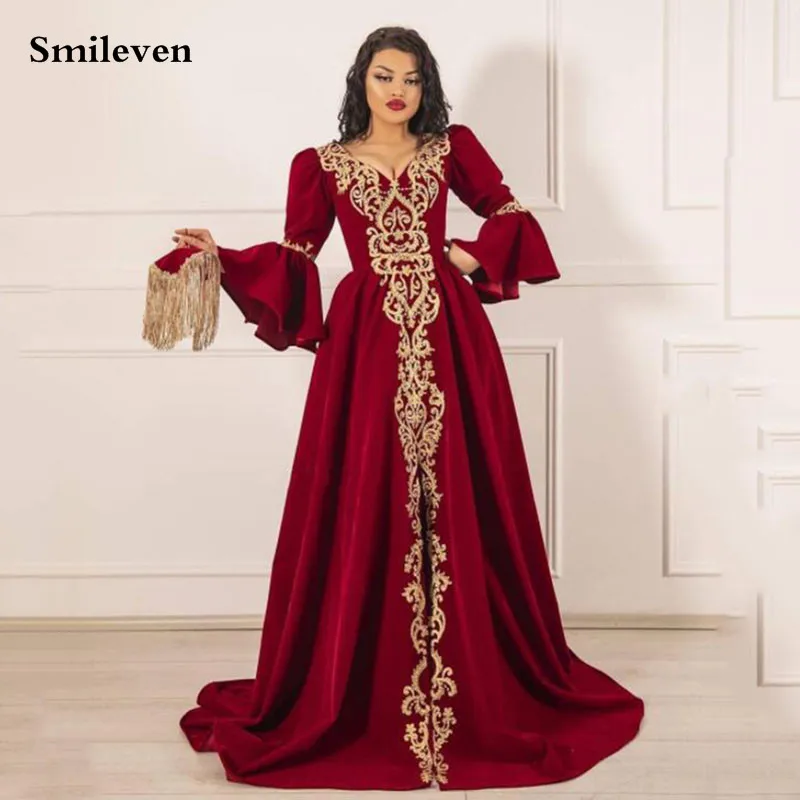 

Вечернее платье Smileven, красное, с V-образным вырезом, ТРАПЕЦИЕВИДНОЕ, с расклешенными рукавами, с золотыми кружевами, с разрезом спереди, для выпускного вечера
