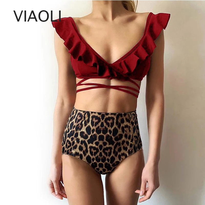 

Leapard Print+Ruffle Bandage Two Piece Swimsuit Women Padded Swimwear High Waist Cut Out Bathing Suit Push Up Beachwear Bikinis