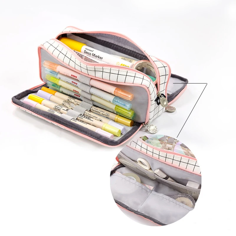 Cute Grid Pencil Case Kawaii Canvas Pencil Case Bag For Students Large Capacity Stationery Pouch Creative School Supplies New