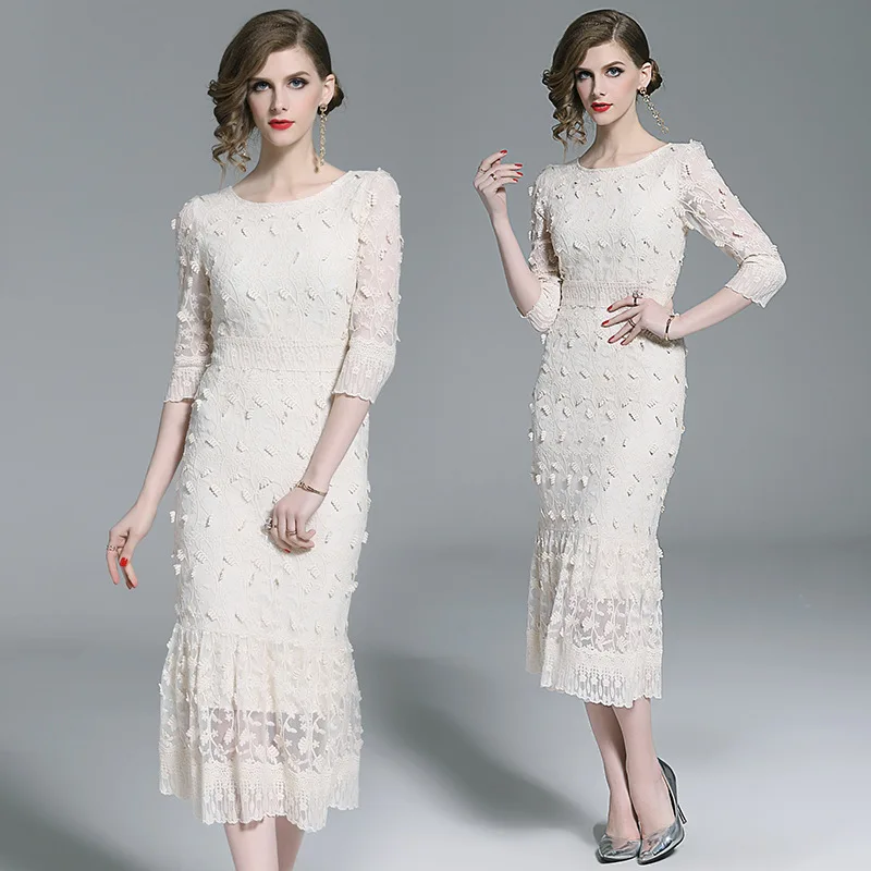 

Europe And America New Style Stereo Embroidered Water Soluble Lace Long Skirts High-waisted Slim Fit Fishtail Dress