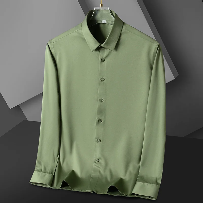 Men Long Sleeve Dress Shirts No Trace Elasticity Soft Cozy Pocket-less Formal Business Non-iron Slim Fit Social Smart Work Shirt