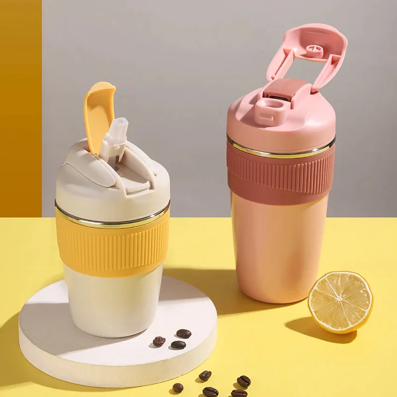 Stainless Steel Thermos Cup With Straw Vacuum Coffee Flask Portable