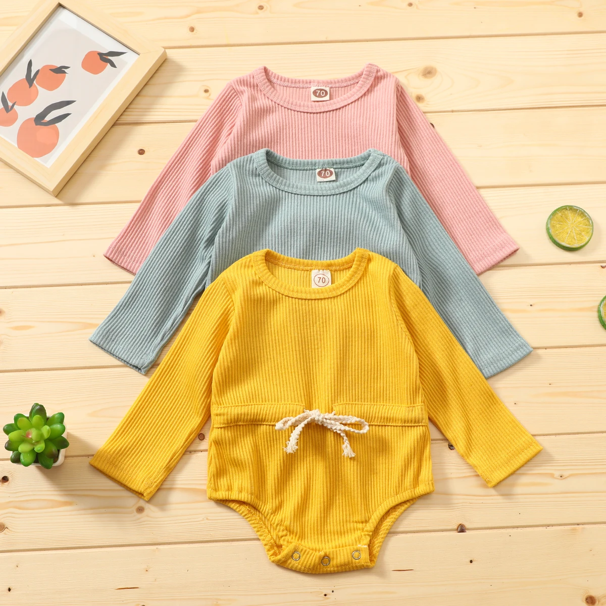 

Infant Newborn Baby Girls Bodysuit Solid Ribbed Long Sleeve Playsuit Round Neck Adjustable Elastic Waist Jumpsuit Outfit 0-18M