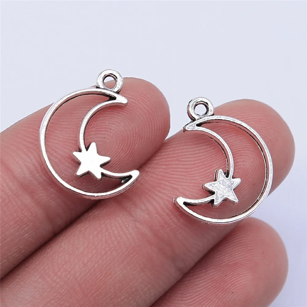 WYSIWYG 20pcs 16x14mm Antique Silver Color Hollow Moon Stars Charms Pendant For Jewelry Making DIY Jewelry Findings