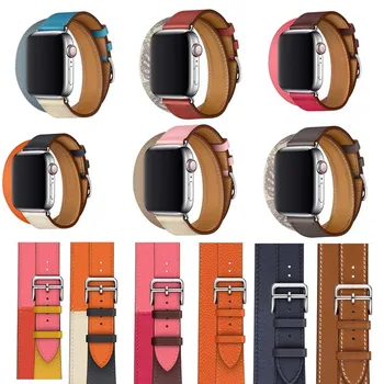 

For iwatch Genuine Leather WristBand Double Tour band For Apple Watch strap series 5 4 3 2 1 herm Bracelet 40mm 44mm 38mm 42mm