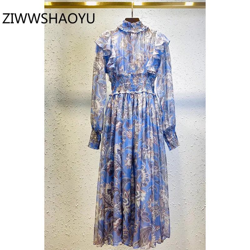 

ZIWWSHAOYU Bohemian Flower Print Chiffon Ruffle Dress Women Fashion Turtleneck Elastic Waist Autumn Runway Midi Dress