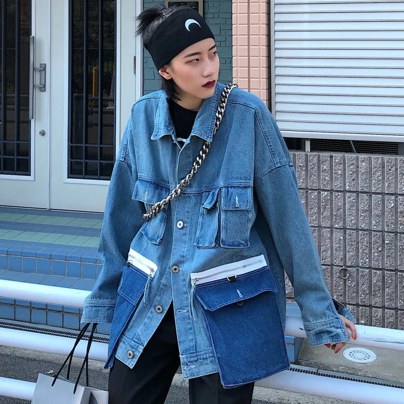 

Fashion Tide Contrast Color Lap Pocket Design Denim Jacket Long Sleeve Single-breasted Casual Stitching Shirt Women 19B-a129