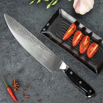 

8" Western Chef Knife Stainless Steel Patterned Fish Meat Cleaver Fruit Vegetable Slicer Sushi Cutter Slicing Kitchen Knives