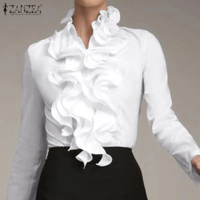 Shirts Women Blouse Chic-Tunic Long-Sleeve Work-Flounce ZANZEA Ruffles Elegant Tops Spring