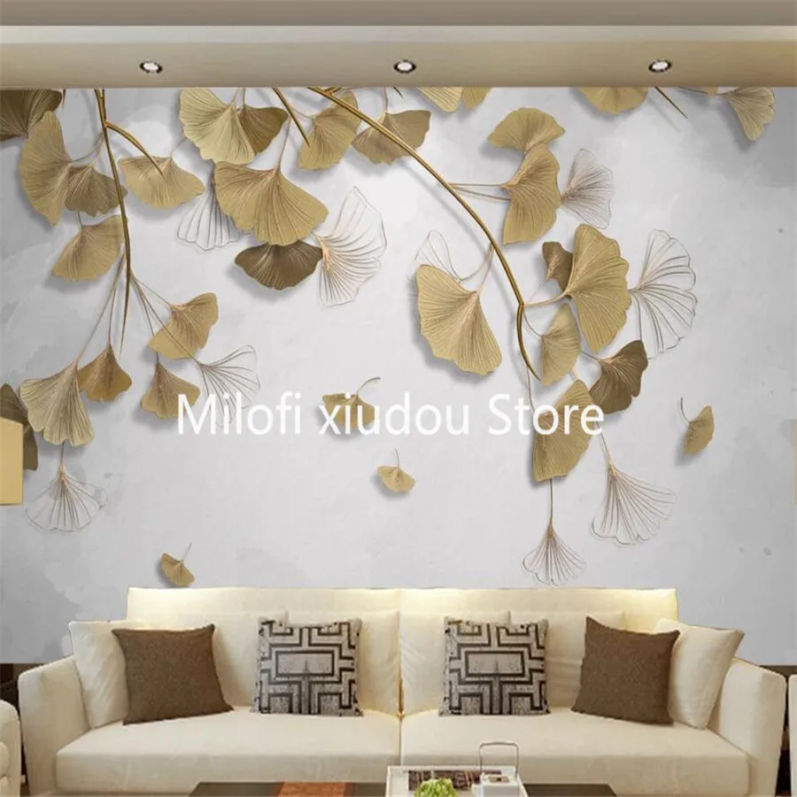 

Custom 3D Mural Wallpaper Light Luxury Golden Embossed Line Ginkgo Leaf Background Wall Decorative Painting Wallpaper