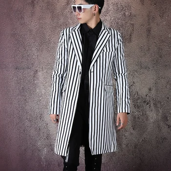 

Men Clothes Streetwear Hip Hop Stripe Print Casual Long Blazer Jacket Male Vintage Fashion Slim Fit Suit Coat Stage Clothing