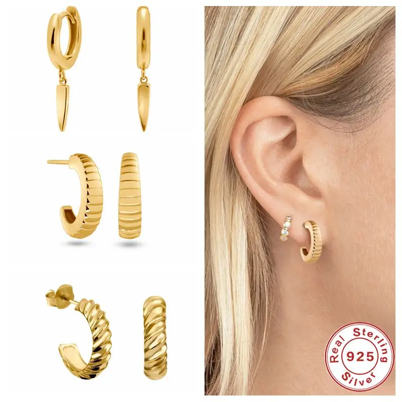 

100% Real S925 Sterling Silver C-Shape European Hoop Earrings For Women Personalized Charm Fine Jewerly Loops Earring Gifts