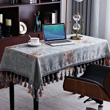 

Europe Luxury Rectangle Desk Table Cloth Cover Noble 3D Embroidery Tablecloths Dressing Dustcloth Blue Tablecloth Tassel Tapete