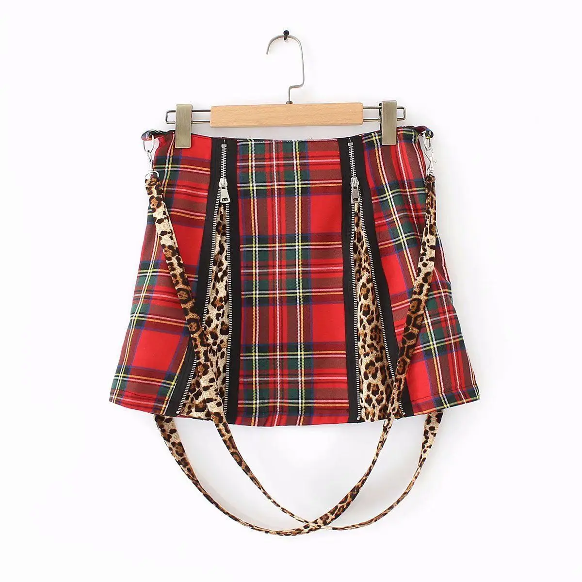 

2019 Summer Fashion Leopord Pattern Irregular Joint Plaid Zipper Ribbon Skirt Short Skirt WOMEN'S Dress Skirt
