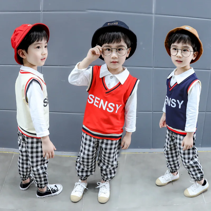 

Spring New Style CHILDREN'S Suit Korean-style Cotton Long-sleeve Blouse Children Lettered Waistcoat Three-piece Set Children Spr
