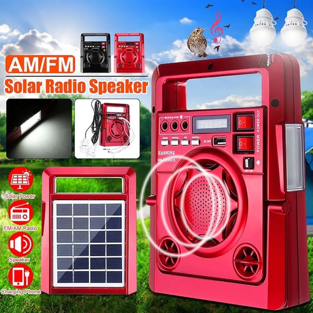  Solar Power Speaker AM FM Radio TF Card USB Music Player Outdoor Speaker Power Bank Strong LED Flas