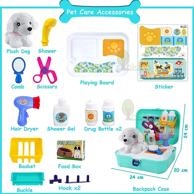 Pretend Play Toys Pet Care Play Set Doctor Kit for Kids Feeding Dog Cat Backpack Gifts for Girls Boys Deformation Cat Dog Toy 6
