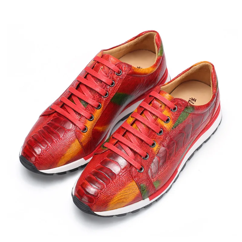 

Unique Designer Authentic Real Ostrich Foot Skin Men's Casual Red Sneaker Genuine Cow Leather Insole Male Lace-up Flat Shoes