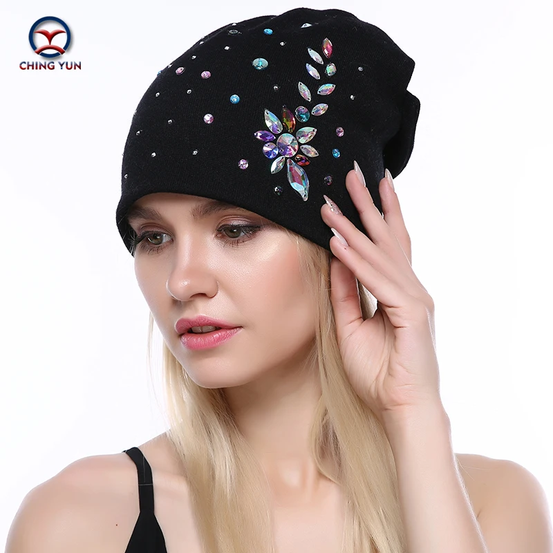 

CHING YUN Women Cashmere knit hat new soft Winter Warm Rhinestone embroidery High Quality Female Solid Color Knitted Hat B19-13