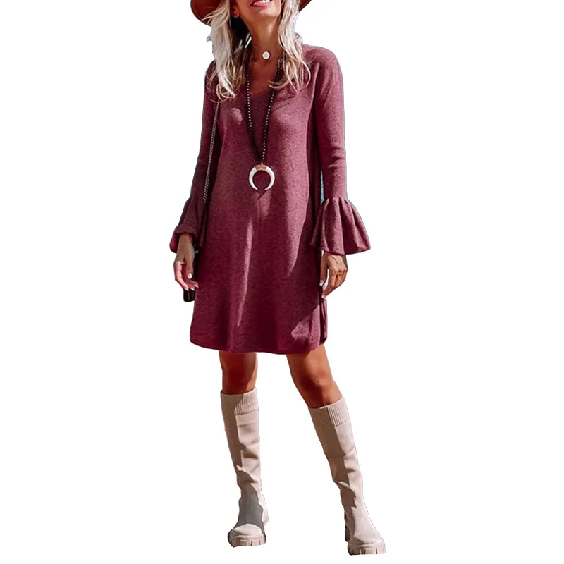 Pure color cotton long-sleeved dress fashion casual women