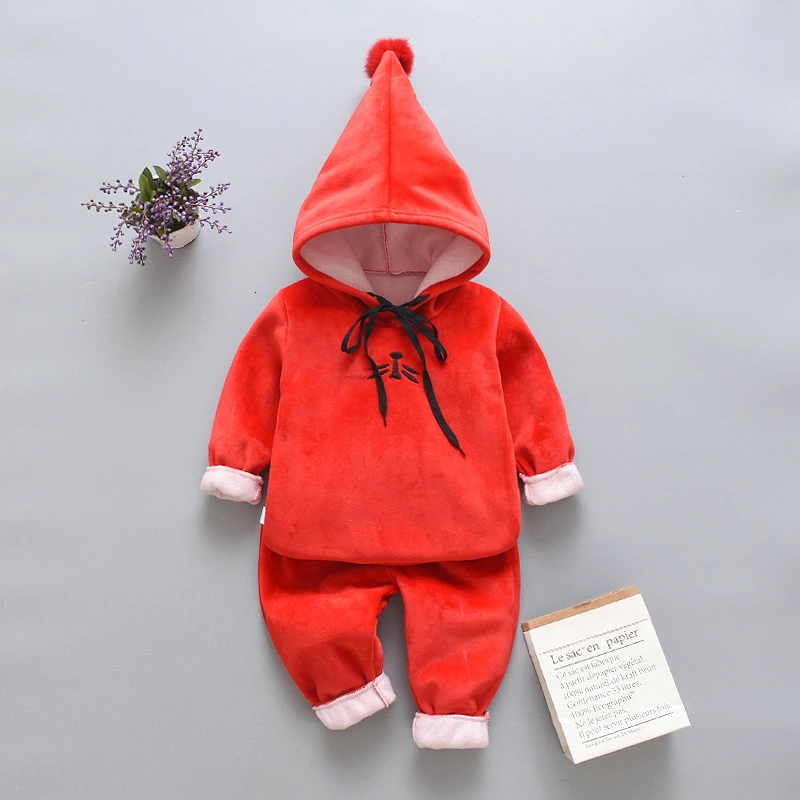 EL qingting Red Теплые зимние куртки для малышей для девочек, для маленьких мальчиков детская одежда костюм теплая детская куртка с капюшоном длинные брюки 2 шт./компл. Джинсовые штаны с вельветом для детей Детские плотные спортивные костюмы - Цвет: EL qingting Red