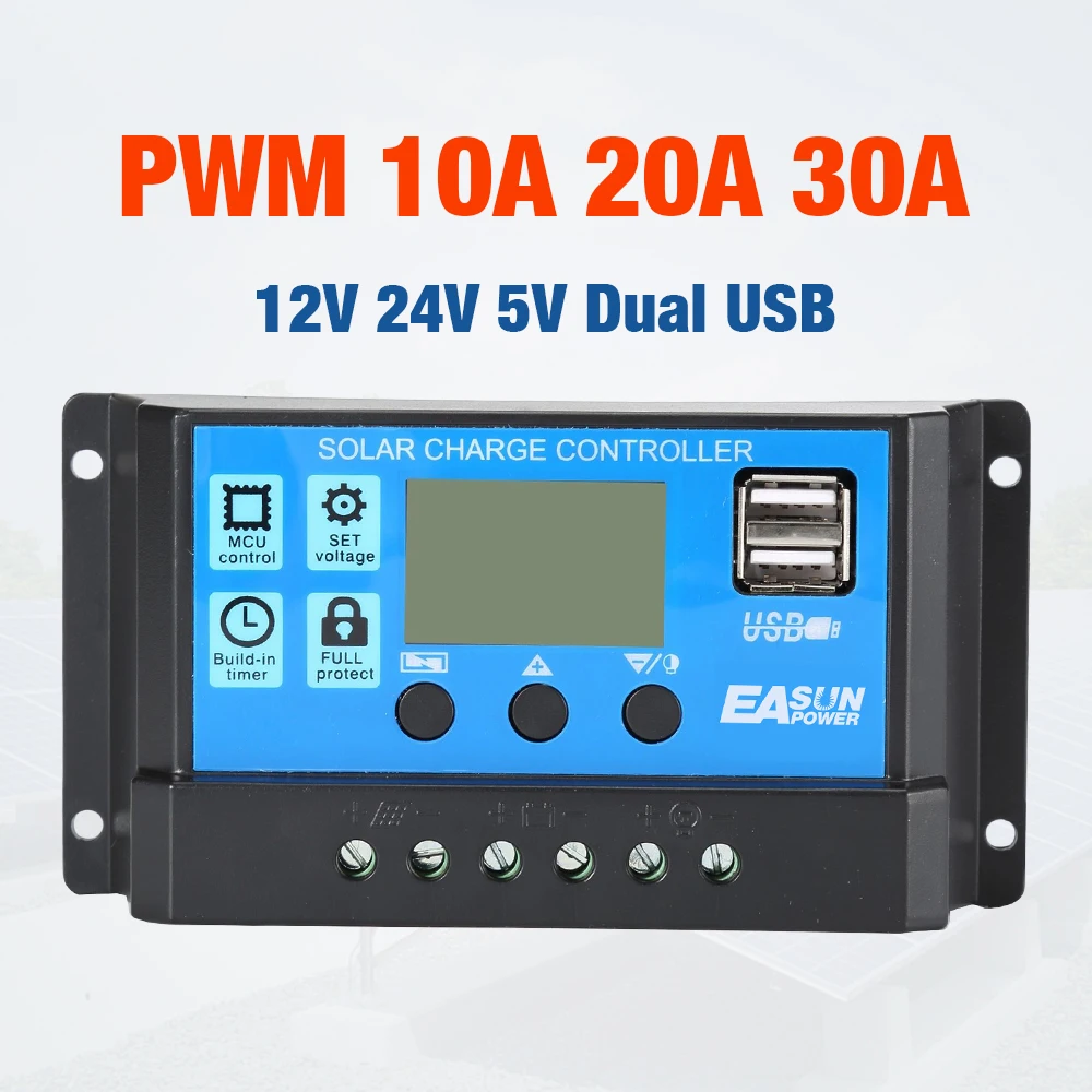 10A Y-SOLAR Dual USB 10A/20A/30A Solar Charge Controller 12V/24V Auto Paremeter Adjustable PWM LCD Solar Controller Regulator with Load Timer Setting ON/OFF Hours