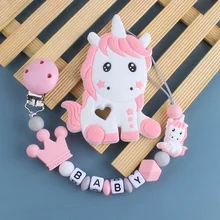 Attache sucette en Silicone pour nouveau né, 2 pièces/ensemble, avec licorne, anneau de dentition, jouets pour enfants, chaîne Anti chute, attache sucette 