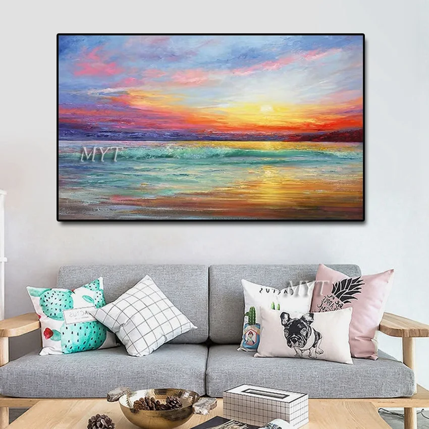 

Hand-painted abstract oil painting, sunrise knife painting, wave decoration, handmade art, seascape painting, mural