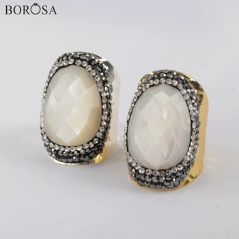 

BOROSA 5Pcs Natural White Shell Ring Mother of Pearl Ring in Gold Ring Handmade Cubic Zirconia Rings for Women Jewelry JAB976