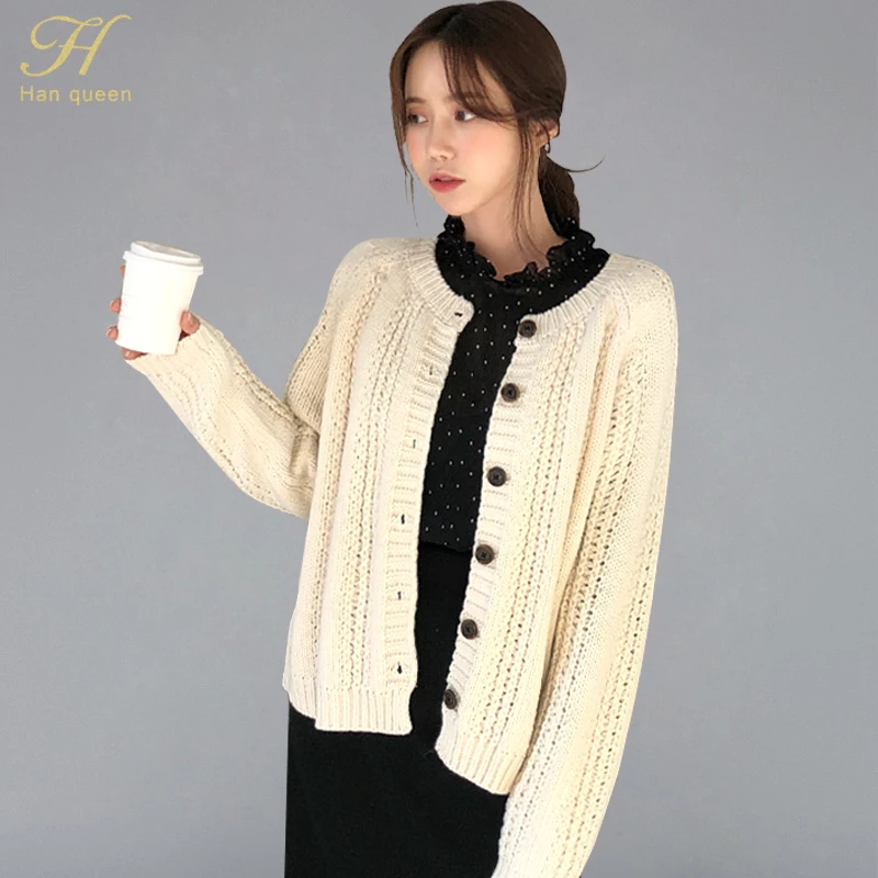 

H Han Queen Korean Hollow out Winter Women New 2019 Loose Long Sleeve Knit Sweater Cardigan Coat Thick Winter Cardigans Sweater