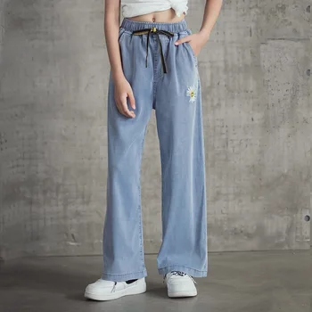 

2020 Summer Teen Girls Clothing New Children Straight Wide Leg Pants for Girls Cute Kids Girls Embroidery Pants Fashion, #0125