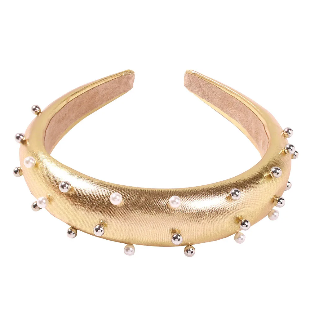 Pearl Padded Headband PU Leather Thicken Headaband Vintage Wide Hard Headaband for Women Hair Accessories