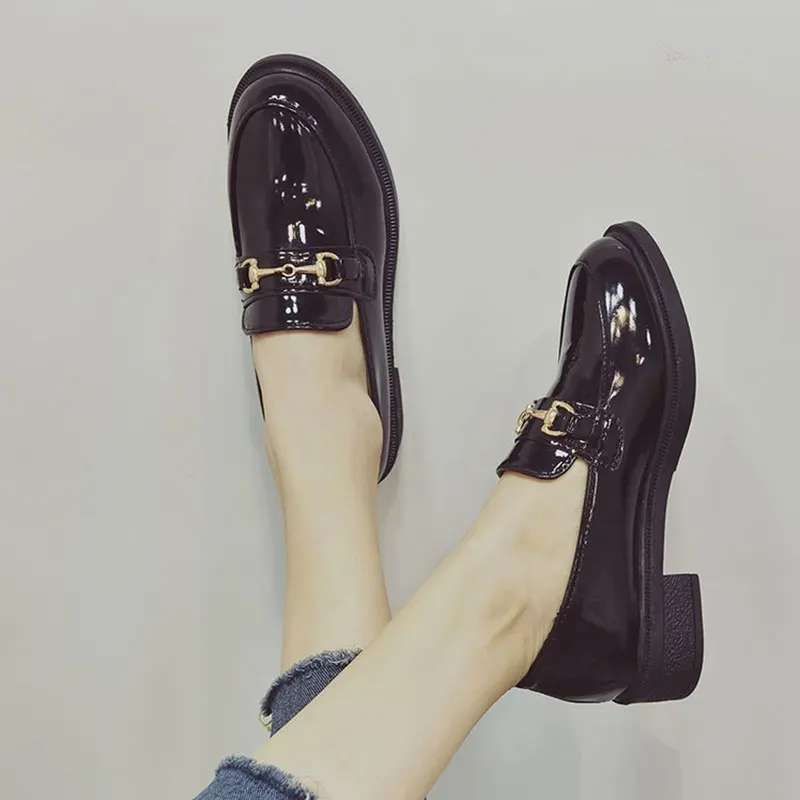Withered British style retro fashion elegant buckle patent leather solid hedging loafers women shoes women flat shoes women shoes