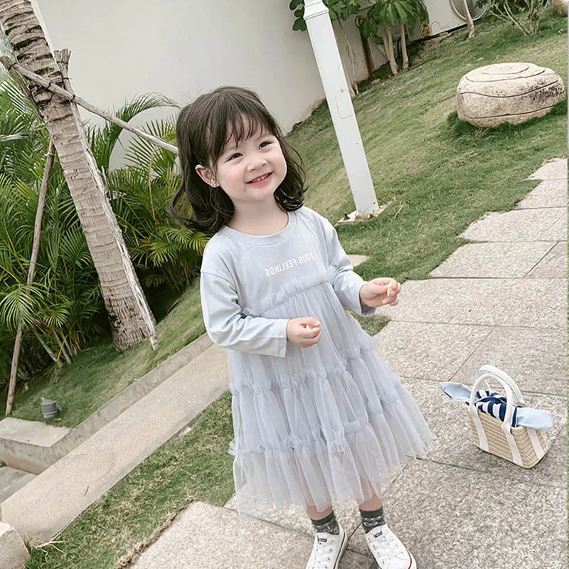 

Autumn New Products Long Sleeve Lace Dress Children Princess Skirt Korean-style Lettered Cute Girls' Veil Dress