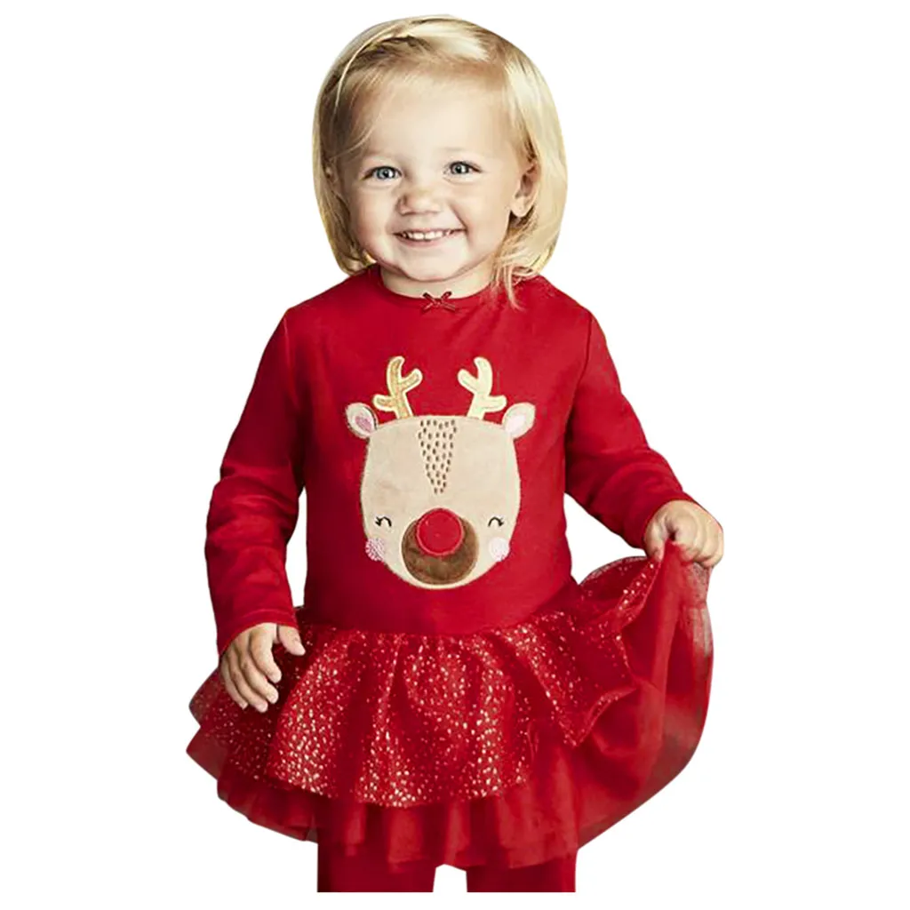 Рождественское красное платье для маленьких девочек платье из тюля с принтом рождественского оленя хлопковые праздничные платья с длинными рукавами для маленьких девочек# LR3
