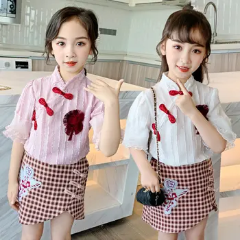 

Teen Girl Clothes Set 2020 Baby Summer Vintage Clothing Toddler Kids Bow Shirt Top and Plaid Skirt 2Pcs Elegant Clothes Outfits