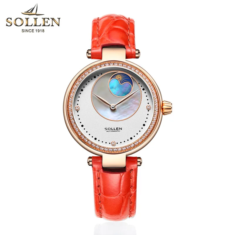 Red Leather SOLLEN, синие женские часы, женские часы с бриллиантами, женские Автоматические механические часы для девочек, Montre Femme - Цвет: Red Leather