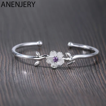 

ANENJERY 925 Sterling Silver Exquisite Cherry Blossoms Bangle Bracelet With Pink Purple Zircon For Women Party Jewelry S-B291