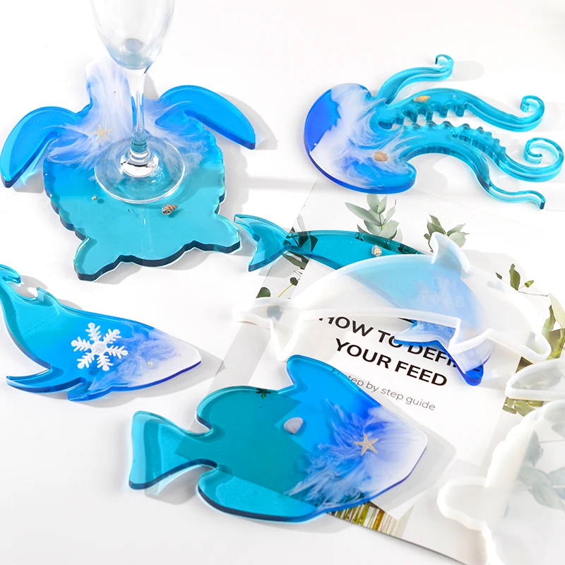 Ocean Animals Shape Epoxy Resin Molds Set Coaster Cup Mat Molde Silicone Dolphin Octopus Sea Turtle Moldes Silicona Resina Epoxi 3pcs maple leaf coaster molde de silicona para resina set leaves moule silicone resine epoxy for casting resin concrete diy art