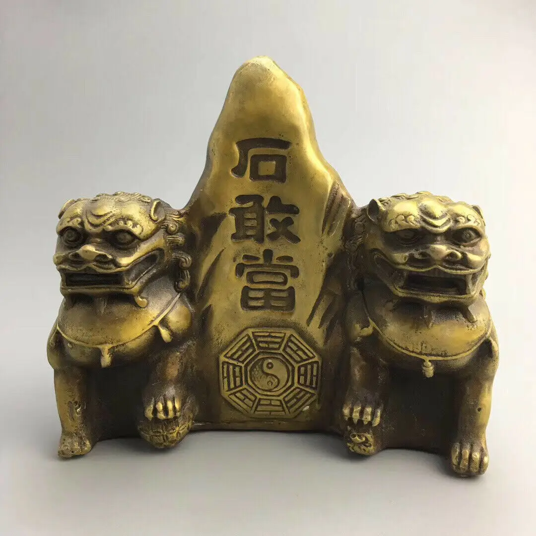 

Exquisite Chinese Old Hand-carved Pure Brass Carved Double Lion Dare To Be Brave Courage Statue