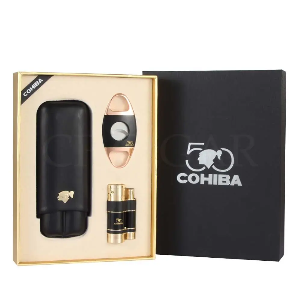 Набор сигар COHIBA, 3 струйный фонарь, зажигалка для сигар, Карманный металлический резак для сигар, кожаный чехол для сигар, портативный гаджет для курения