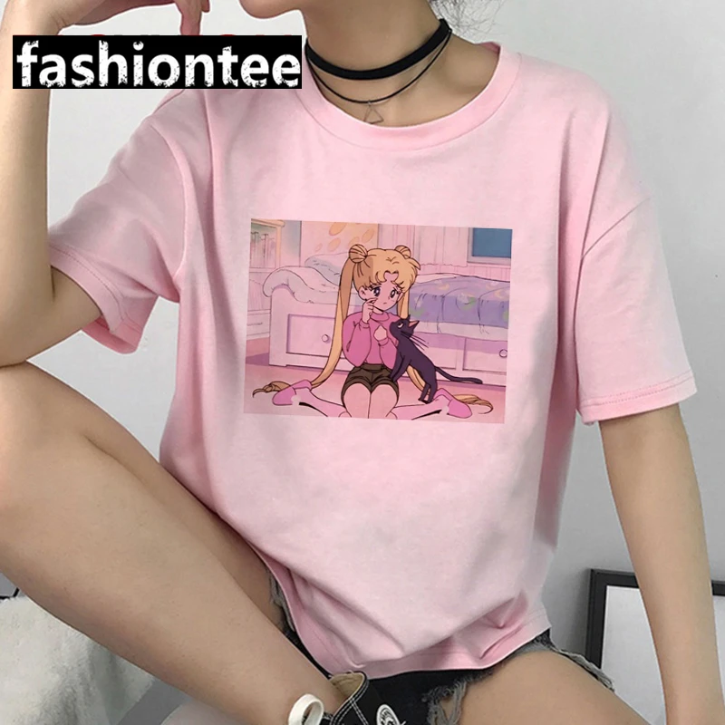 Women Harajuku 90s T-shirt Kawaii  Funny Cartoon Pink T Shirt Aesthetic Cute Tshirt Japanese Anime Tops Tee Femme cool t shirts Tees