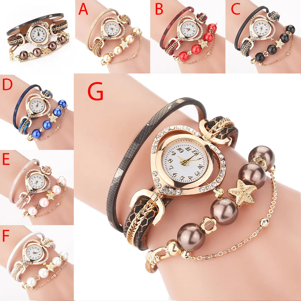 

Women Vintage Shining Pearl Bracelet Dial Watch Leather Belt Analog Quartz Female Wrist Watches montres femme 2020 FJSL