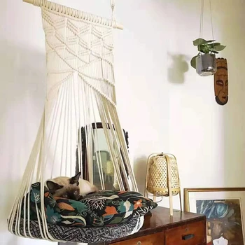 

Boho Cat Swing Cage Handmade Macrame Pets Support Nordic Pet House Cats Hanging Sleep Chair Seats Toy Four Seasons Available