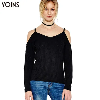 

YONIS 2020 Autumn Winter Spring Women Sweater Cold Shoulder Long Sleeve Loose Blusa Pullover Frio Feminina Black Casual Chic Top